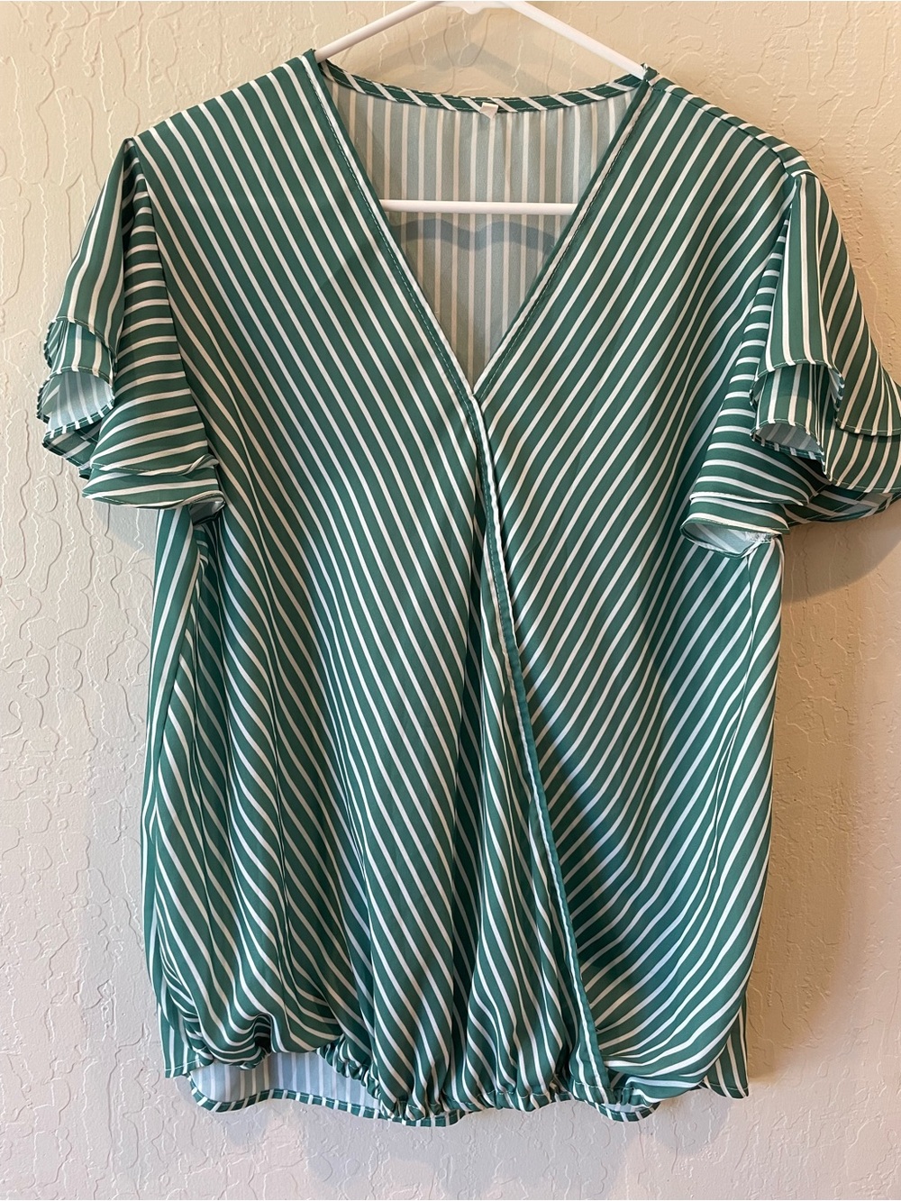 Green and White Diagonal Stripe V-Neck Ruffle Sleeve Blouse